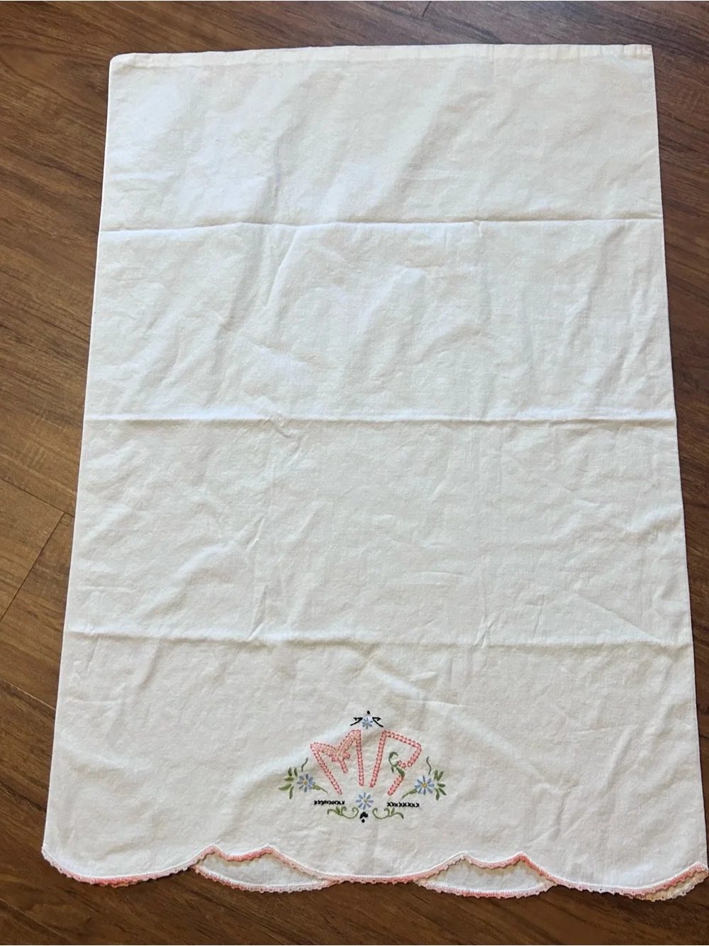 Vintage White Pillowcase Pair with Pink Embroidery and Floral Accents